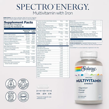 SOLARAY Spectro Energy Multivitamin for Women and Men - Cellular Energy, Digestion, Eye Health and Immune Support - w/Vitamin A, Vitamin B Complex, CoQ10, Iron, Enzymes, Lutein - 30 Serv, 120 VegCaps