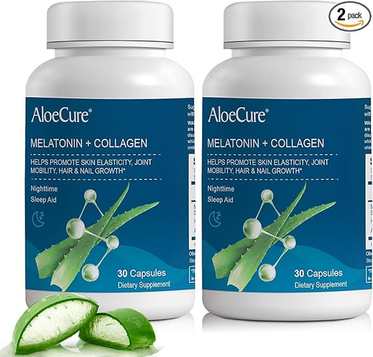 AloeCure Natural Melatonin + Collagen with Organic Aloe Vera - Natural Sleep Aid Supplement for Restful Nights - Collagen Complex for Joint Strength, Skin Elasticity, Hair & Nail Growth, 30 Capsules