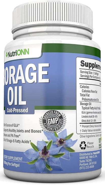 Borage Oil - 1000 mg - 180 Softgels - Cold Pressed High GLA Borage Seed Oil - Hexane and PA Free - Great for Skin, Hair and Bones.