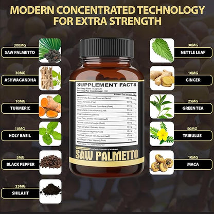11in1 Saw Palmetto Capsules with Ashwagandha, Turmeric, Tribulus, Maca, Green Tea, Ginger, Holy Basil & More - Healthy Prostate & Hair Support - 180 Count 6-Month Supply