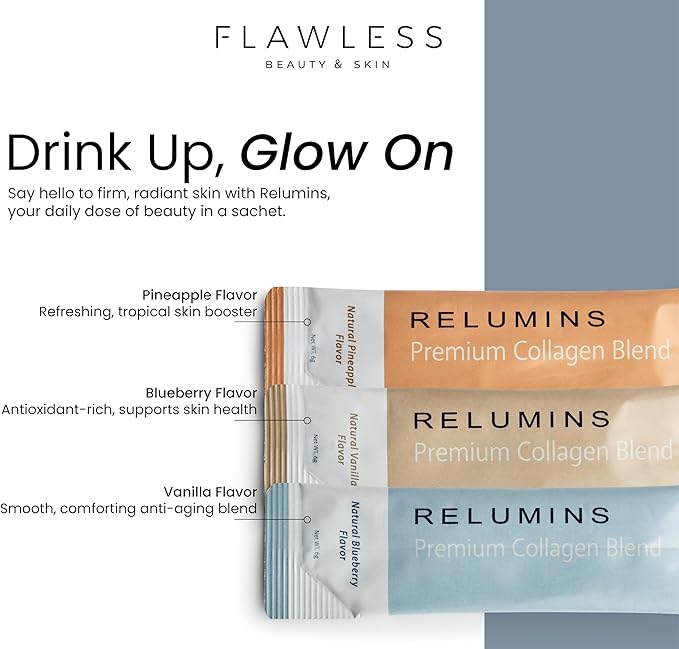 Relumins Marine Collagen Powder Drink Mix - Collagen Peptide with Glutathione, Green Tea, CoQ10, & Hyaluronic Acid Boosts Smooth Glowing Skin - 100 Powder Sachets x Mix Flavored