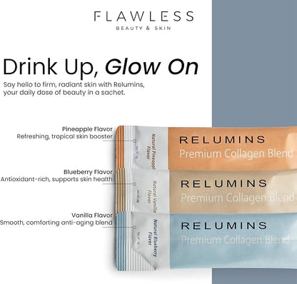 Relumins Marine Collagen Powder Drink Mix - Collagen Peptide with Glutathione, Green Tea, CoQ10, & Hyaluronic Acid Boosts Smooth Glowing Skin - 100 Powder Sachets x Mix Flavored