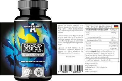 APOLLO'S HEGEMONY Diamond Fish Oil 1000mg per Capsule with Vitamins D3, K2 and E - 60 Capsules - High Dose Omega 3 with 330mg EPA and 220mg DHA - Fish Oil Fatty Acids (EFAs)