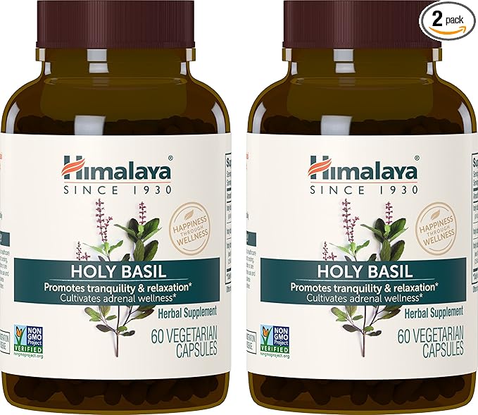 Himalaya Holy Basil Tulsi Herbal Supplement, Stress Relief, Relaxation, Occasional Sleeplessness, Promotes Calm, Ayurvedic, Non-GMO, Vegan, 720 mg, 60 Capsules, 2 Pack