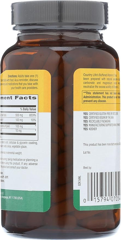 Country Life Vitamin C Buffered with Bioflavonoids, 500mg, 250 Tablets, Certified Gluten Free, Certified Vegan
