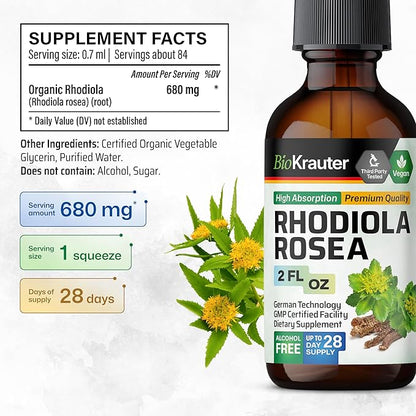 BIO KRAUTER Rhodiola Rosea Supplement Liquid - Pure Rhodiola Rosea Tincture - Vegan Calmness Support - Alcohol & Sugar Free Extract 2 Fl.Oz.