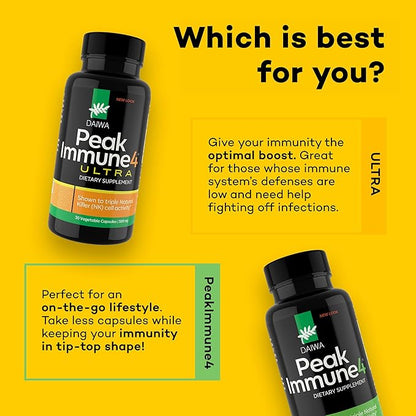 Daiwa PeakImmune4 Natural Immune Support Supplement with RBAC Rice Bran and Mycelia Extract from Shiitake Mushrooms - Ultra Strength