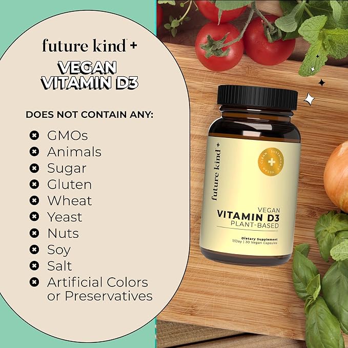 Future Kind Vegan Vitamin D3-2500 IU Plant-Based Supplement for Cell & Immune Support - Sugar-Free, Lichen-Based Vitamin D (30 Softgels in Glass Bottle)