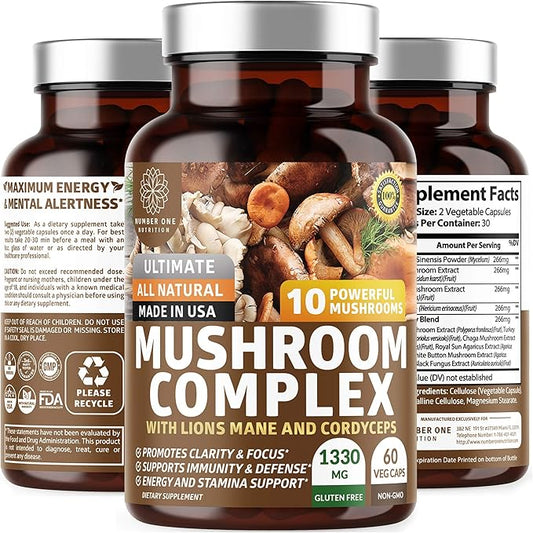 N1N Premium Mushroom Complex [10X Powerful Mushrooms] with Reishi, Lions Mane, Cordyceps, Chaga, Turkey Tail and Maitake to Support Health, Brain Functions and Energy Levels, 60 Veg Caps