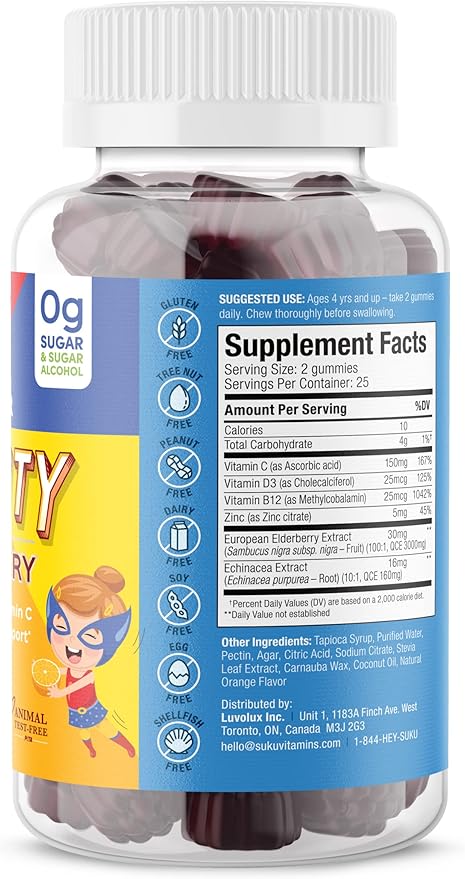 Kids Super Immunity - Elderberry, Echinacea, Vitamin A and Zinc Gummies for Immune Support - Easy to Chew - Non GMO, Gluten Sugar Free - Pomegranate Lime Gummy Vitamins, 50 Count