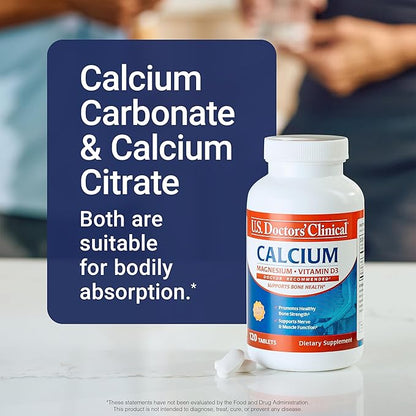 U.S. Doctors' Clinical 1200mg Calcium Citrate & Carbonate Complex with Magnesium & Vitamin D3 - Calcium Supplement for Bone Strength, Muscles & Nerves - Vegan, Non-GMO - 120 Tablets - 2-Month Supply