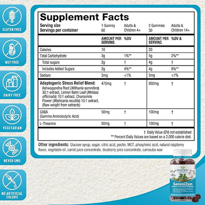 RidgeCrest Herbals SereniZen Gummies with Ashwagandha, GABA, L-Theanine, Chamomile & Lemon Balm, Supports Relaxation & Calm, Stress Management, Sleep. Daily Health Supplement, 60 Ct, 1-2 Month Supply