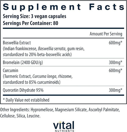 Vital Nutrients BCQ | Vegan Boswellia, Bromelain, Curcumin & Quercetin Supplement | Joint Support Supplement | Supports Sinus & Digestive Health | Gluten, Dairy, Soy Free | 240 Capsules