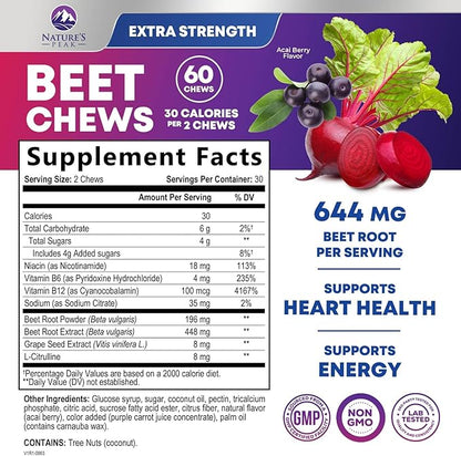 Beets Chews - Beet Root Gummies for Nitric Oxide Support, Superfood Beets Powder Soft Heart Chews, Grape Seed Extract & Non-GMO Beetroot Energy Supplement Supports Heart Health & Energy, 60 Soft Chews