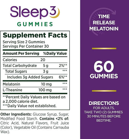 Nature's Bounty Sleep3 Gummies, Triple Action Time-Release Sleep Aid, Melatonin 10mg, Blueberry Flavor, 60 Gummies
