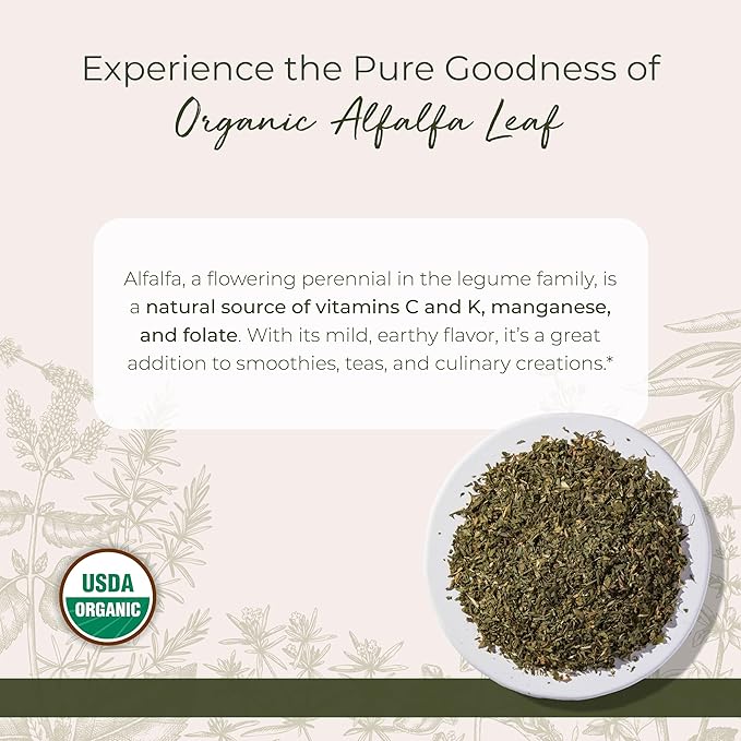 Starwest Botanicals Organic Alfalfa Leaf - Dried Loose Leaf Herb for Nutrition, Use in Tea, Juice, & Smoothies, Cut & Sifted, Certified Kosher, Non-GMO - Bulk 1 lb Bag