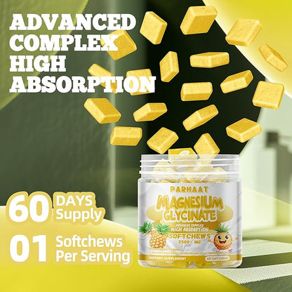 Magnesium Glycinate Soft Chews, Pineapple Flavor.Chewable Sugar Free Potassium Magnesium Chews with Magnesium Glycinate, Vitamin D, B6, and CoQ10 for Calm Support & Sleep for Adults, 60 Days Supply