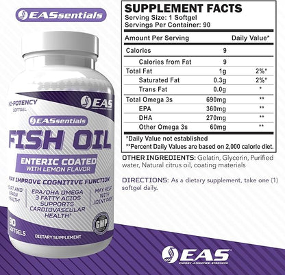 Experimental and Applied Sciences High Potency Fish Oil | EPA + DHA Omega-3s Fatty Acids for Heart & Brain Health | Gluten Free, Non GMO | Enteric Coated with Lemon Flavor | 90 Softgels