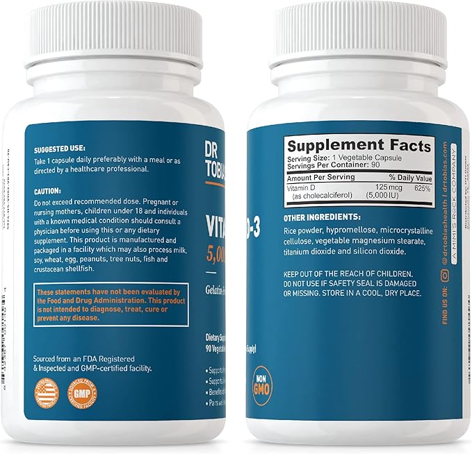 Dr. Tobias Vegan Omega 3 Algae Oil and Vitamin D3 5000 IU, Essential Nutrients to Support Brain, Heart, Bones, Immune System & Optimal Wellness