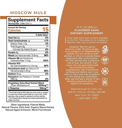 LEILO | Kava Powered Moscow Mule Mocktail Drink | 12-Pack – Sugar-Free & Non-ALC Functional Relaxation Support | 12 fl oz Cans (Pack of 12)