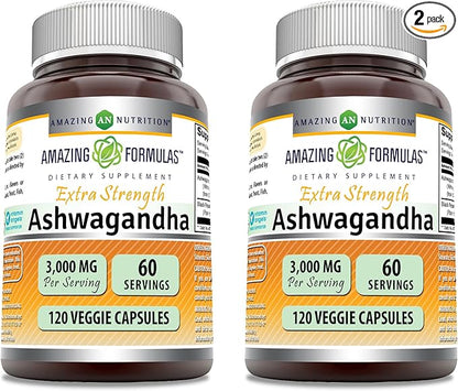 Amazing Formulas Ashwagandha Extract Supplement | 3000 Mg Per Serving | 120 Veggie Capsules | Non-GMO | Gluten-Free | Made in USA | (2 Pack)