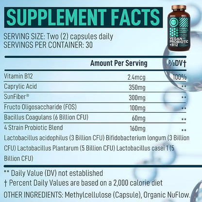 Vegan Probiotic Plus B12-22 Billion CFU Synbiotics Prebiotics and Probiotics for Digestive Health, IBS, Mood Support - B12 with FOS Pre Pro Post Biotics for Women & Men - 60 Gluten-Free Capsules