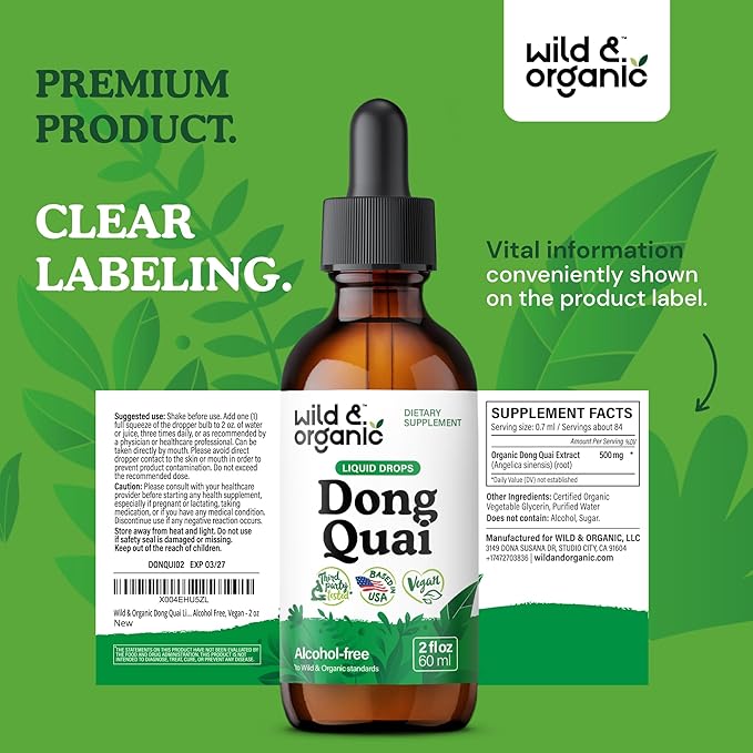 Wild & Organic Dong Quai Tincture 500 mg - Angelica Root Supplements for Women - Dong Quai Root Liquid Extract Drops - Angelica Sinensis Herb - No Sugar & Alcohol - 2 fl oz