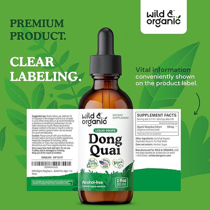 Wild & Organic Dong Quai Tincture 500 mg - Angelica Root Supplements for Women - Dong Quai Root Liquid Extract Drops - Angelica Sinensis Herb - No Sugar & Alcohol - 2 fl oz