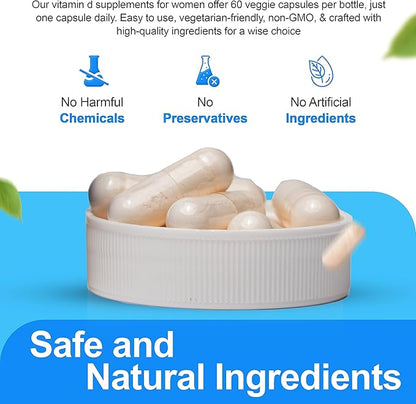 Vitamin D3 K2 Capsules for Men and Women - K2 D3 Vitamin Supplement for Healthy Heart and Bone Support, Immune System & Blood Circulation Assistance, Formulated in USA, 60 Veggie Capsules