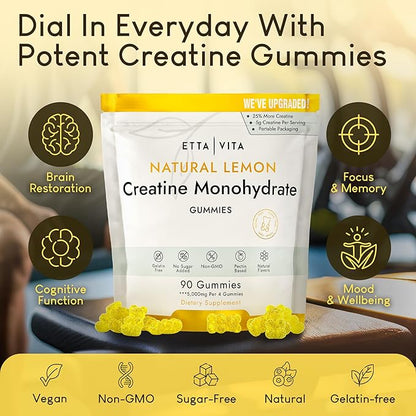 Sugar-Free Creatine Monohydrate Gummies 5gram per Serving, Potent Creatine Gummies for Men & Women, Supplement for Muscle Support, Cellular Energy & Cognitive Function, Gluten-Free