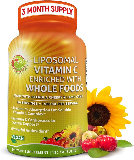 Liposomal Vitamin C Capsules - 1500mg - Made with Organic Acerola Cherries & Camu Camu, High Potency Vitamin C Liposomal - Immune Support Supplement, Enhanced Absorption & Bioavailability - 180 count