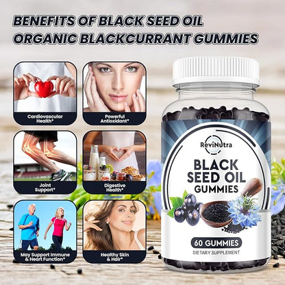 Black Seed Oil Gummies-Organic Cold Pressed Nigella Sativa Black Seed Oil with Honey, Vitamin B6, C, D3, Turmeric, Pomegranate, Support Immunity, Digestion, Brain Function, Hair & Skin-60 Gummies