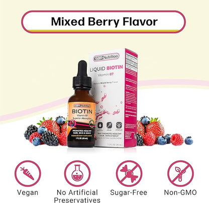 Biotin Liquid Drops (Mixed Berry) Max Absorption Biotin Liquid Drops, 5000mcg of Biotin Per Serving, 60 Serving, No Artificial Preservatives, Vegan Friendly, Supports Healthy Hair Growth, Strong Nail