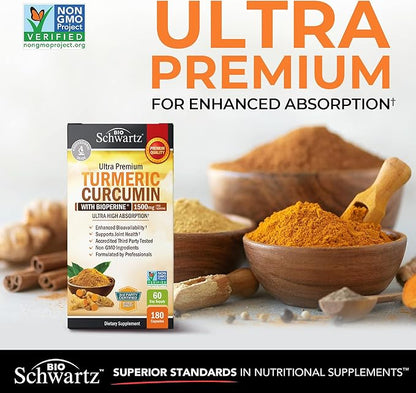 Turmeric Curcumin with Black Pepper Extract 1500mg - High Absorption Ultra Potent Turmeric Supplement with 95% Curcuminoids and BioPerine - Non GMO Tumeric Capsules for Joint Support - 180 Capsules