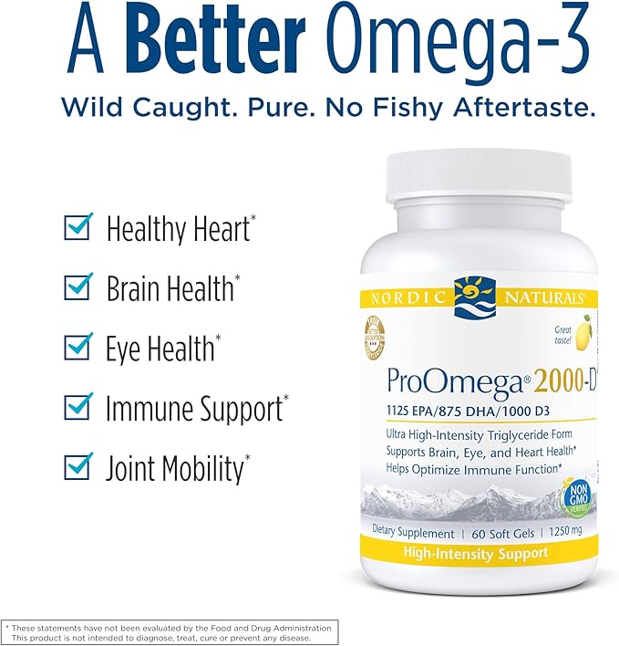 Nordic Naturals ProOmega 2000-D - Fish Oil, 1125 mg EPA, 875 mg DHA, 1000 IU Vitamin D3, Cardiovascular, Neurological, Eye, and Immune Health, Lemon Flavor, 60 Soft Gels