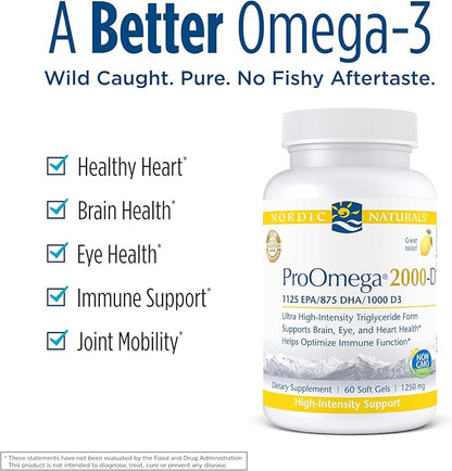 Nordic Naturals ProOmega 2000-D - Fish Oil, 1125 mg EPA, 875 mg DHA, 1000 IU Vitamin D3, Cardiovascular, Neurological, Eye, and Immune Health, Lemon Flavor, 60 Soft Gels