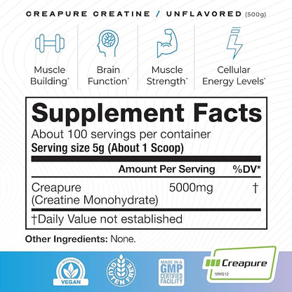 Muscle Feast Creapure Creatine Monohydrate Powder, Vegan Keto Friendly Gluten-Free Easy to Mix, Mass Gainer, Muscle Recovery Supplement and Best Creatine for Muscle Growth, Unflavored, 500g