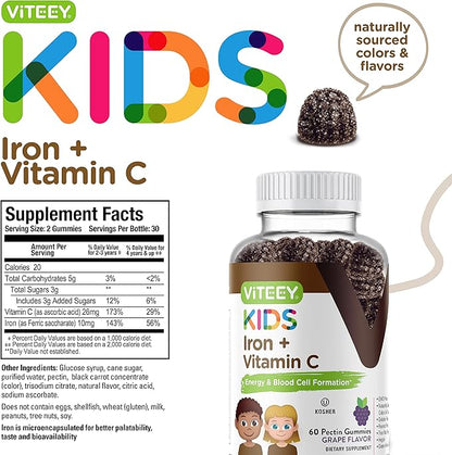 Iron Gummies for Kids with Vitamin C - Supports Energy, Blood Cell Formulation, Blood Builder Anemia Kids Iron Supplements - Vegan, Gelatin Free, Gluten Free - Tasty Chewable Grape Flavored Gummy