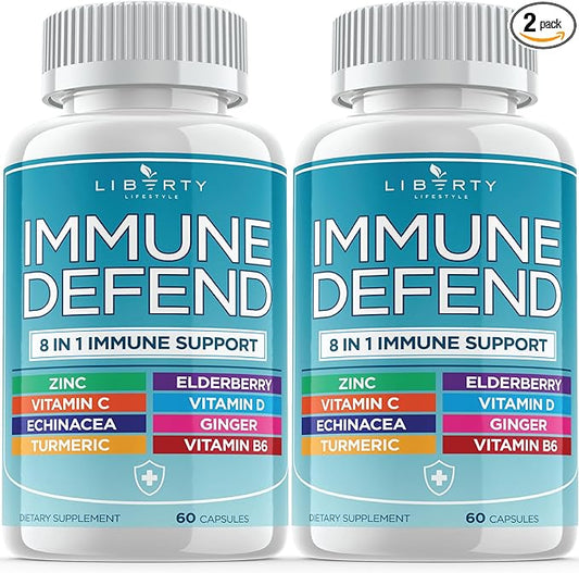 8 in 1 Immune Defense Support, Immunity Vitamins Supplement Booster with Zinc 50mg, Vitamin C Elderberry Vit D3 5000 IU, Turmeric Curcumin & Ginger, Echinacea - Allergy Relief for Kids Adults (2 Pack)
