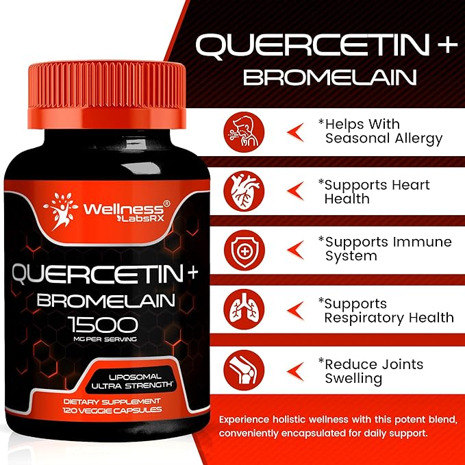 Quercetin with Bromelain Supplement - 1500mg - Immune Support and Heart Health Capsules For Men and Women, Quercetin Supplements Helps Support Joint & Healthy Respiratory System - 120 Count