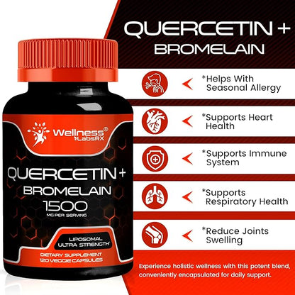 Quercetin with Bromelain Supplement - 1500mg - Immune Support and Heart Health Capsules For Men and Women, Quercetin Supplements Helps Support Joint & Healthy Respiratory System - 120 Count