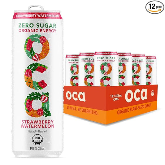 OCA ZERO Strawberry Watermelon, Organic energy drink, zero sugar, gluten-free, vegan plant-based, 12 Fl Oz (12-pack)
