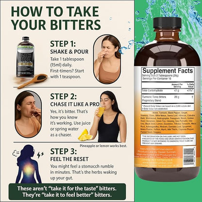 Turmeric Tonic Blend Liquid Drop Plus Living Bitters, 16 oz, with Alkalized Spring Water Amber Glass Bottle