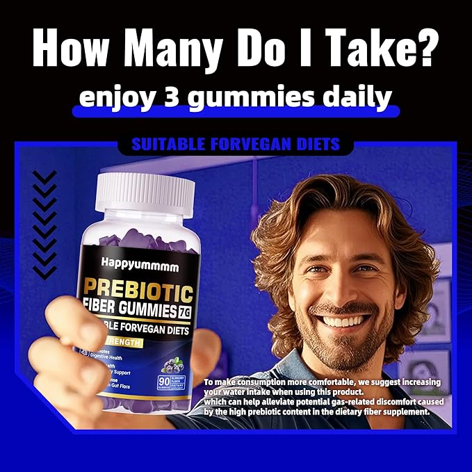 Prebiotic Fiber Gummies for Adults, 7G Extra Strength, Zero Sugar Added, 90 Pectin Based Gummies, Digestive Health & Regularity Support-Blueberry-2pack
