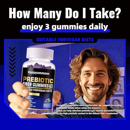 Prebiotic Fiber Gummies for Adults, 7G Extra Strength, Zero Sugar Added, 90 Pectin Based Gummies, Digestive Health & Regularity Support-Blueberry-2pack