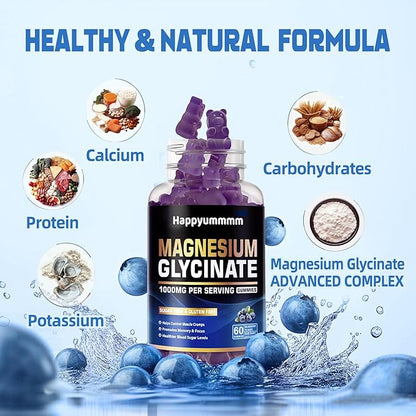 Magnesium Glycinate Gummies 1000mg - Sugar Free Magnesium Potassium Supplement with Vitamin D, B6, CoQ10 for Calm Mood & Sleep Support - 60 Blueberry Gummies