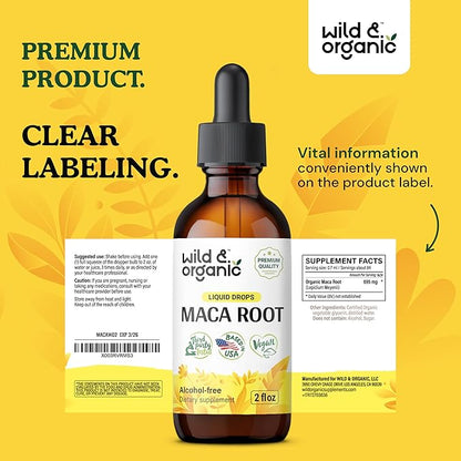 Wild & Organic Maca Root Drops for Women & Men - Mood, Focus, Active Lifestyle - Peruvian Maca Supplement - Vegan, Sugar & Alcohol-Free Tincture - 2 fl oz