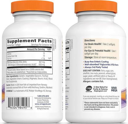 OmegaVia DHA 600 mg, Ultra Pure Omega-3 DHA Supplements for Brain and Eyes, DHA Prenatal Vitamins for Women, Burpless Fish Oil Omega 3, IFOS Tested, 120 Softgels