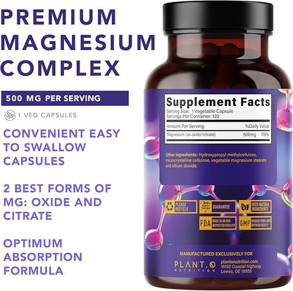 Plant.O Premium Magnesium Supplement [Vegan Oxide & Citrate, 500mg] High Absorption Complex for Sleep, Calm, Muscle Relaxer, Natural Energy, Non-GMO 120 Veggie Capsules