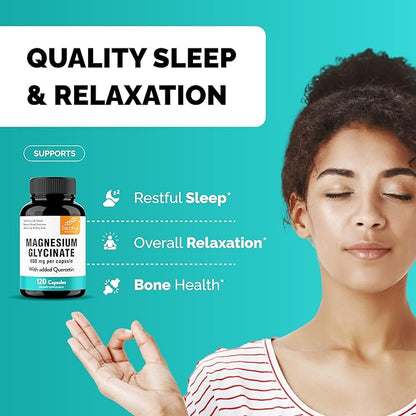 Magnesium Glycinate 400mg Capsules with Quercetin | Quality Sleep, Relaxation, Muscle, Bone Health & Immune Support | 120 Count (Pack of 3) | Easy to Swallow | for Women and Men